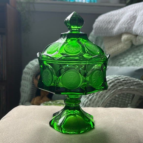 Vintage Fostoria Coin Glass Emerald Green Wedding Box With Lid